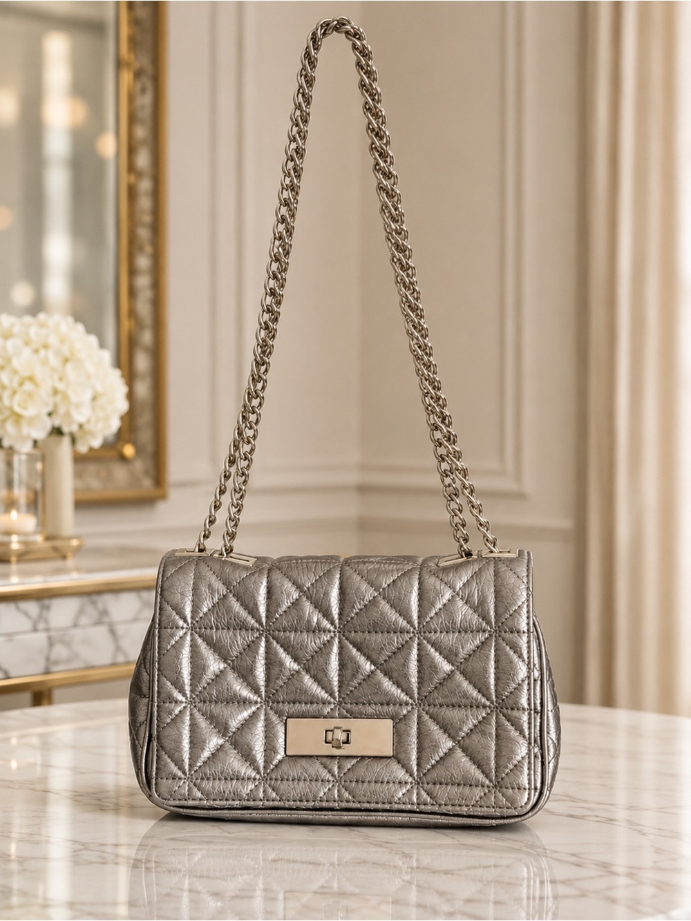 Kate Spade Silver Quilted Leather Chain Crossbody Shoulder Bag